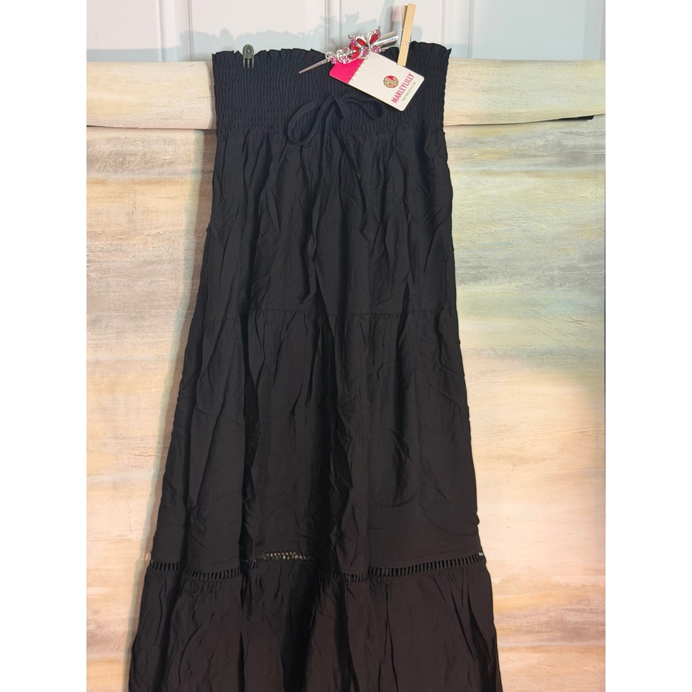 Marleylilly Black Smocked Tiered Midi Skirt WBT4218-BLAK Rayon Boho S/M